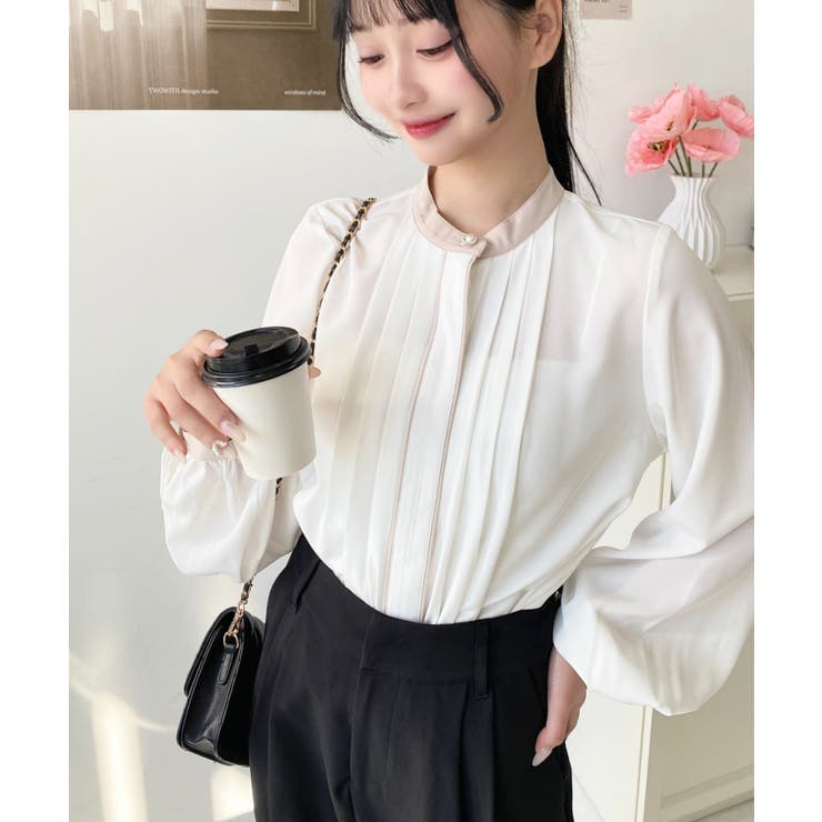 フロントタックバイカラーデザイン長袖ブラウス | moment+ | 詳細画像9 