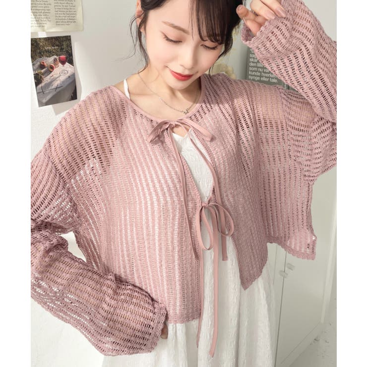 新品✨カデュネ　リボンラメカーディガン　半袖　前後2way　ブルー　M 新品✨カデュネ リボンラメカーディガン 半袖 前後2way ブルー M