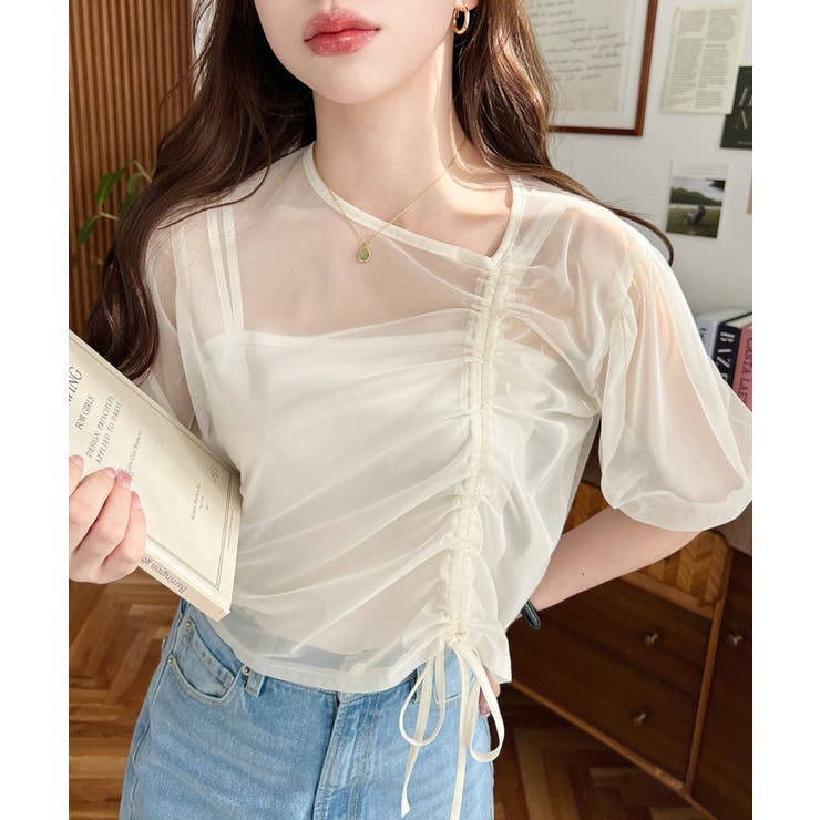 キャミ付き半袖チュールシャーリングプルオーバー | moment+ | 詳細画像1 