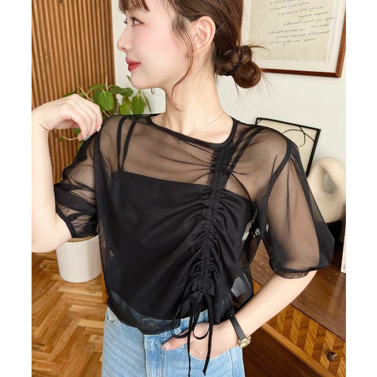 キャミ付き半袖チュールシャーリングプルオーバー | moment+ | 詳細画像14 