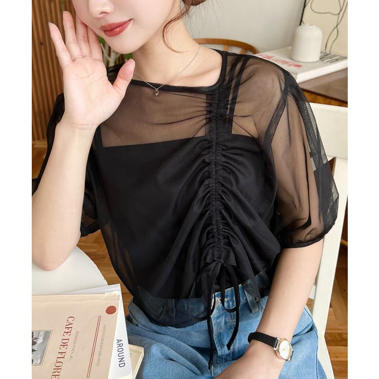 キャミ付き半袖チュールシャーリングプルオーバー | moment+ | 詳細画像15 