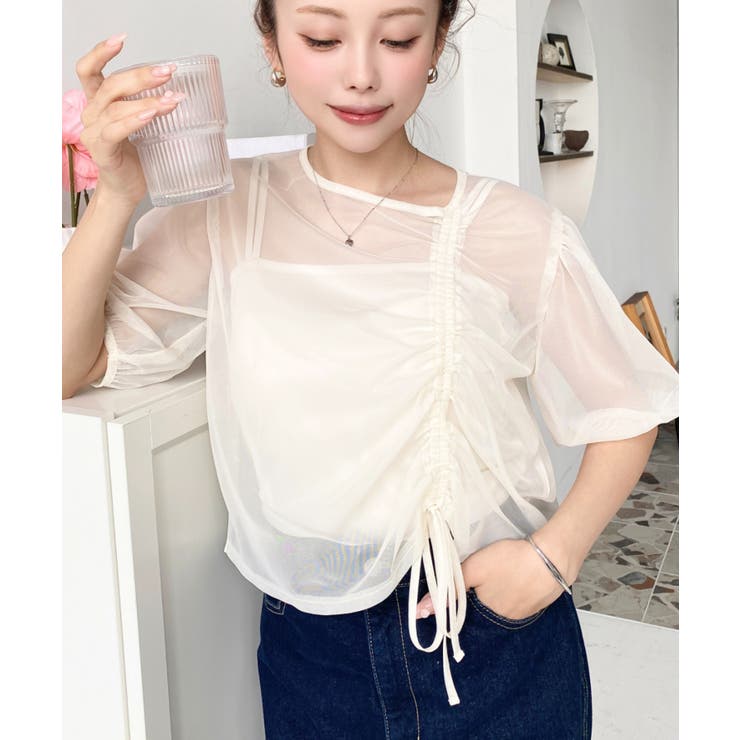 キャミ付き半袖チュールシャーリングプルオーバー | moment+ | 詳細画像16 