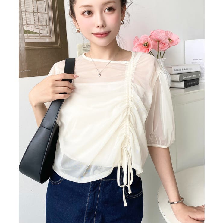 キャミ付き半袖チュールシャーリングプルオーバー | moment+ | 詳細画像17 