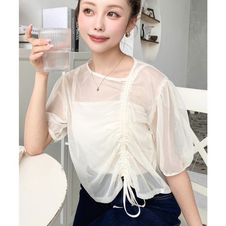 キャミ付き半袖チュールシャーリングプルオーバー | moment+ | 詳細画像18 