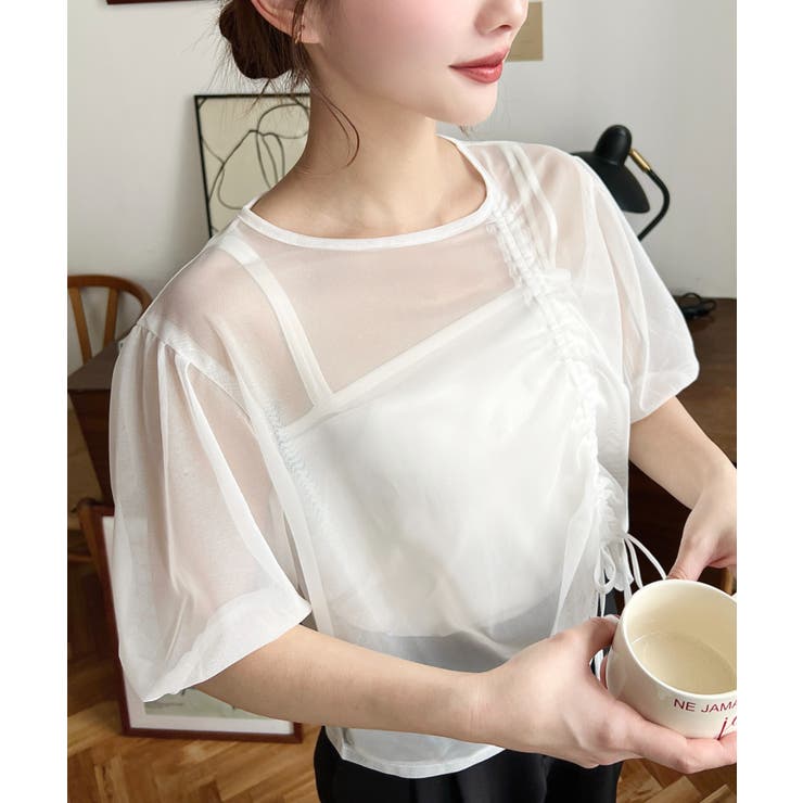 キャミ付き半袖チュールシャーリングプルオーバー | moment+ | 詳細画像2 