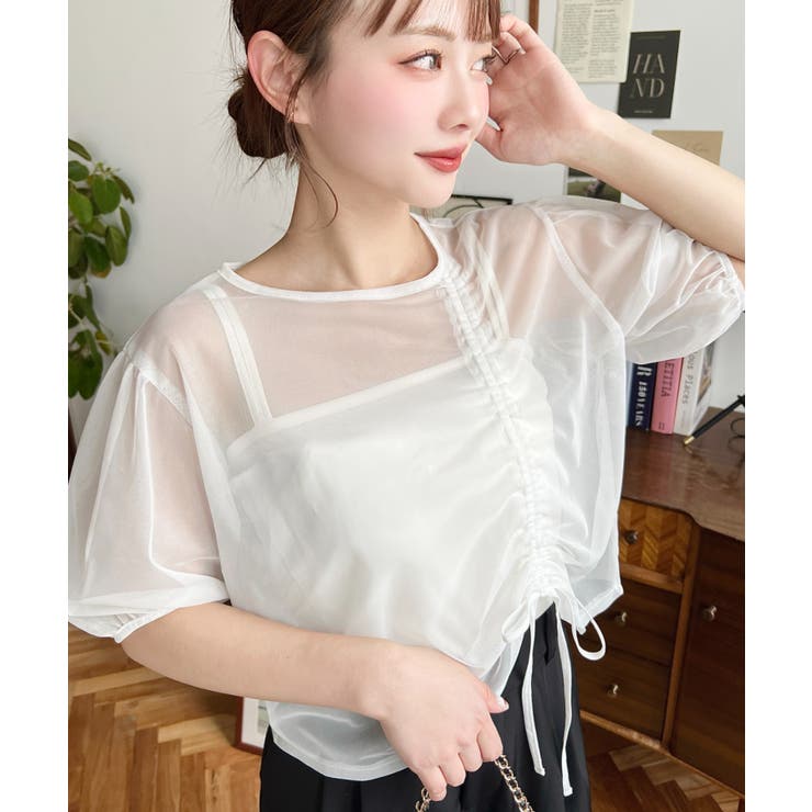 キャミ付き半袖チュールシャーリングプルオーバー | moment+ | 詳細画像3 