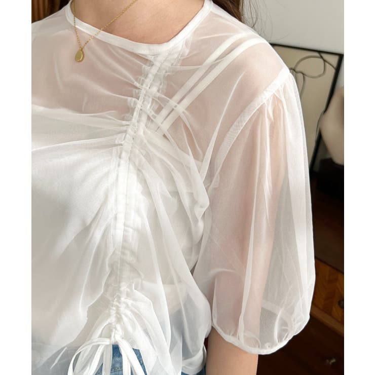 キャミ付き半袖チュールシャーリングプルオーバー | moment+ | 詳細画像5 