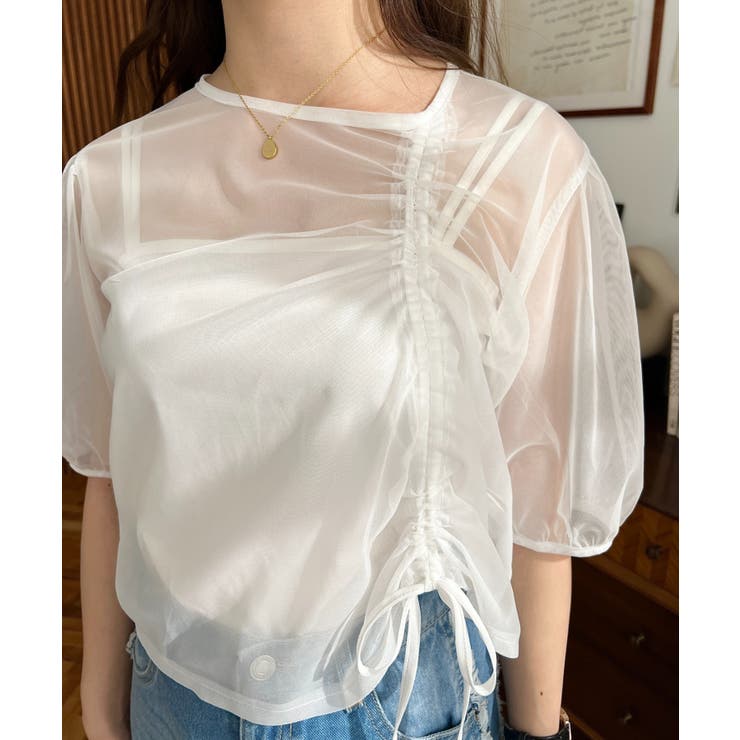 キャミ付き半袖チュールシャーリングプルオーバー | moment+ | 詳細画像6 