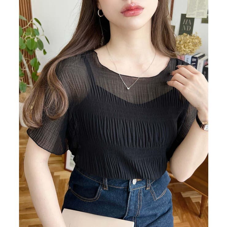 インナーキャミ付きマジョリカプリーツ半袖メローシアープルオーバー | moment+ | 詳細画像1 