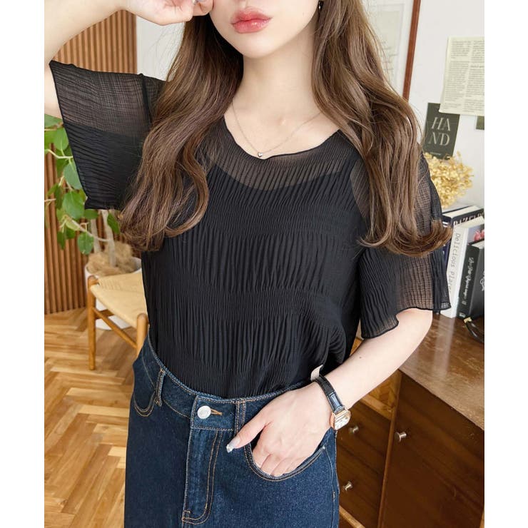 インナーキャミ付きマジョリカプリーツ半袖メローシアープルオーバー | moment+ | 詳細画像12 