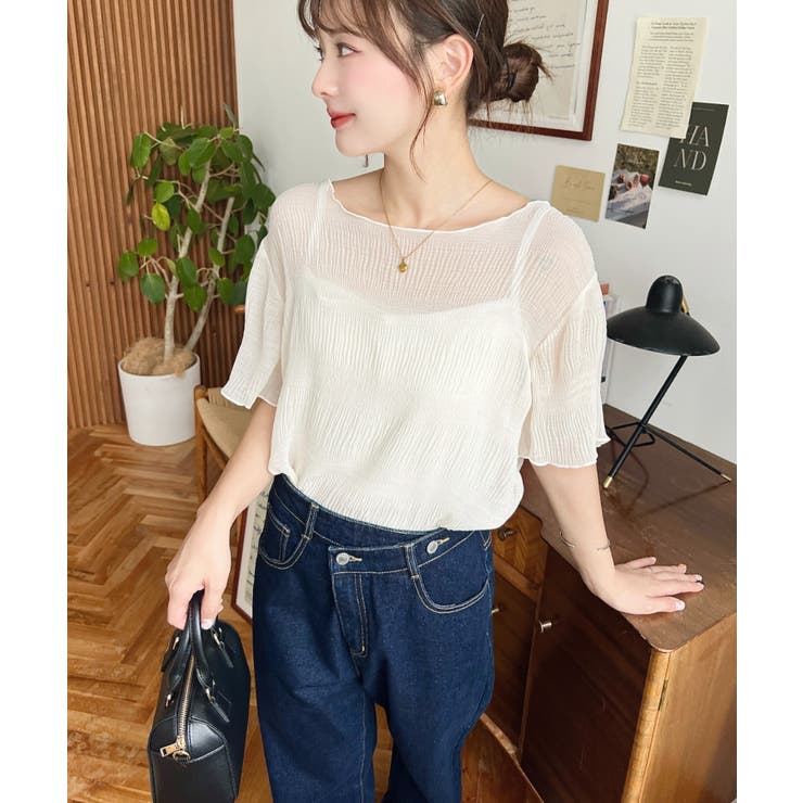 インナーキャミ付きマジョリカプリーツ半袖メローシアープルオーバー | moment+ | 詳細画像3 