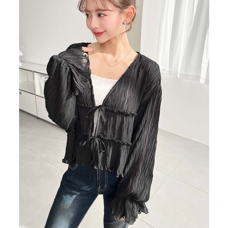 クリンクルシフォンティアードフリルリボンショートカーディガン(リボンカーディガン… | moment+ | 詳細画像12 