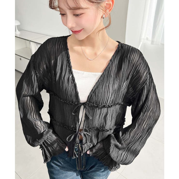 クリンクルシフォンティアードフリルリボンショートカーディガン(リボンカーディガン… | moment+ | 詳細画像14 