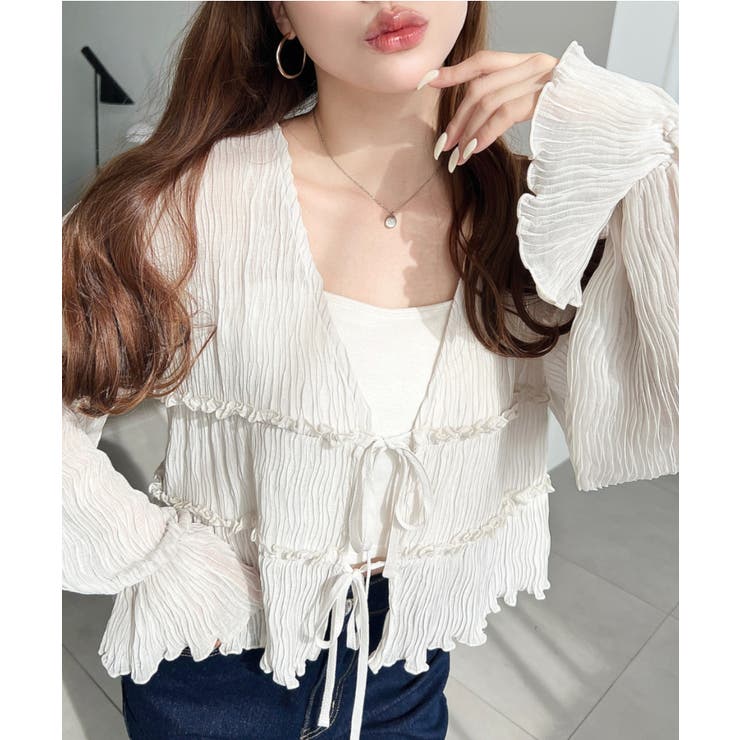 クリンクルシフォンティアードフリルリボンショートカーディガン(リボンカーディガン… | moment+ | 詳細画像2 