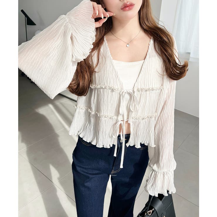 クリンクルシフォンティアードフリルリボンショートカーディガン(リボンカーディガン… | moment+ | 詳細画像3 