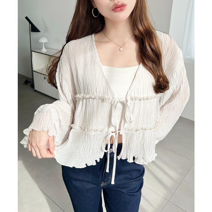 クリンクルシフォンティアードフリルリボンショートカーディガン(リボンカーディガン… | moment+ | 詳細画像5 