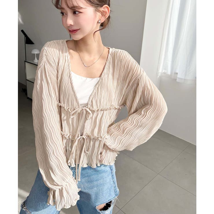 クリンクルシフォンティアードフリルリボンショートカーディガン(リボンカーディガン… | moment+ | 詳細画像7 