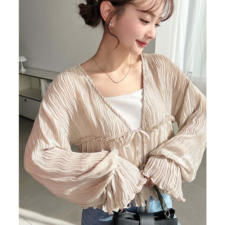 クリンクルシフォンティアードフリルリボンショートカーディガン(リボンカーディガン… | moment+ | 詳細画像9 