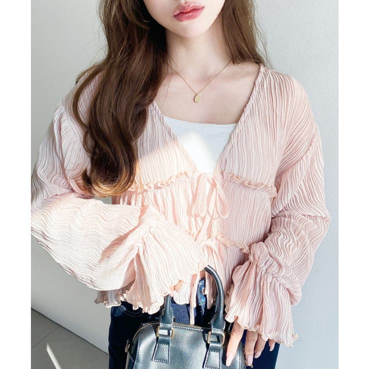 ピンクベージュ | クリンクルシフォンティアードフリルリボンショートカーディガン(リボンカーディガン… | moment+