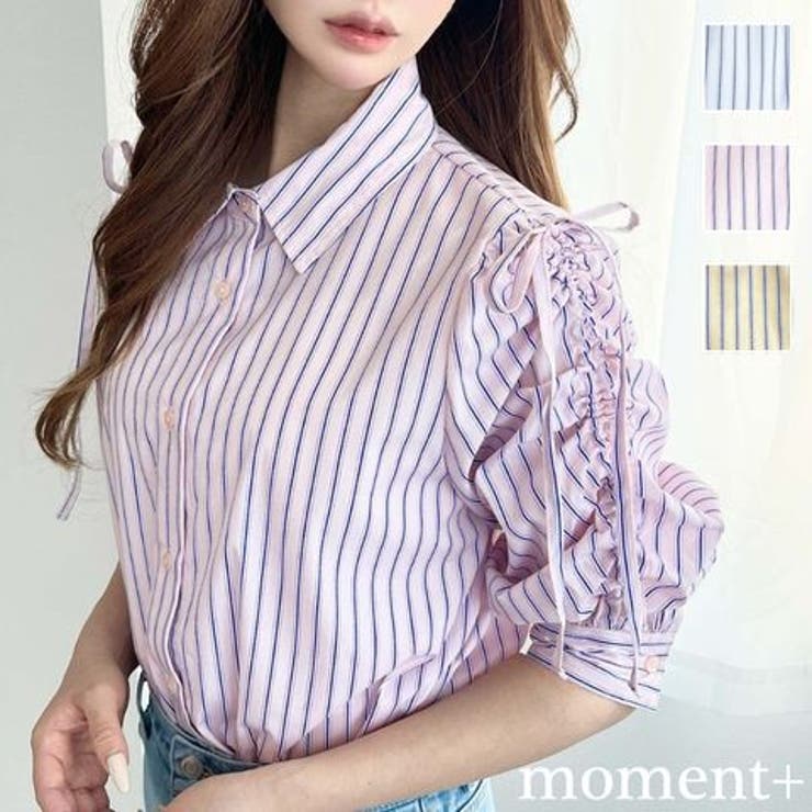 マルチストライプ袖シャーリングシャツブラウス | moment+ | 詳細画像1 