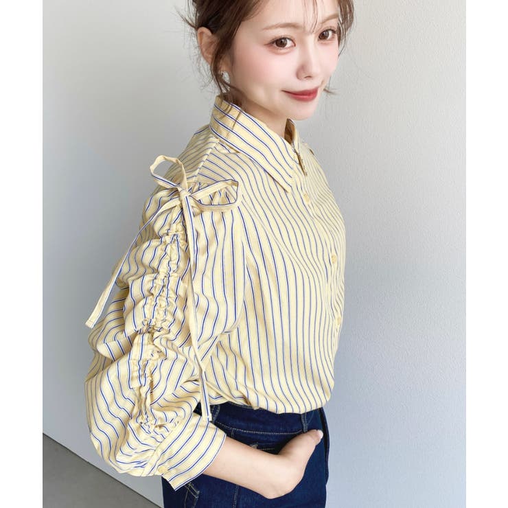 マルチストライプ袖シャーリングシャツブラウス | moment+ | 詳細画像11 