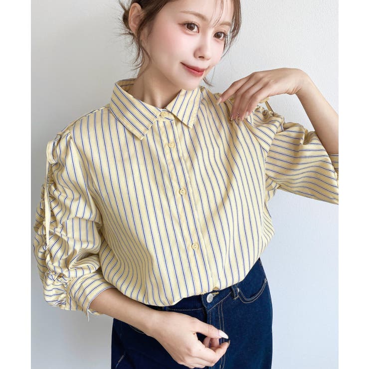 マルチストライプ袖シャーリングシャツブラウス | moment+ | 詳細画像13 