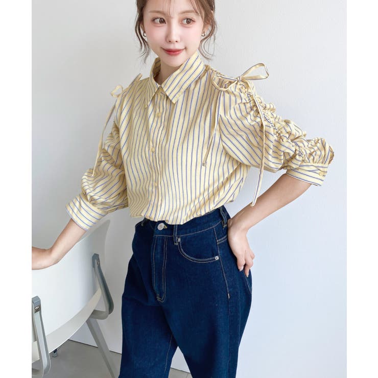 マルチストライプ袖シャーリングシャツブラウス | moment+ | 詳細画像14 