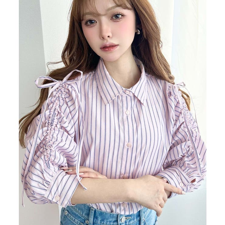 マルチストライプ袖シャーリングシャツブラウス | moment+ | 詳細画像15 