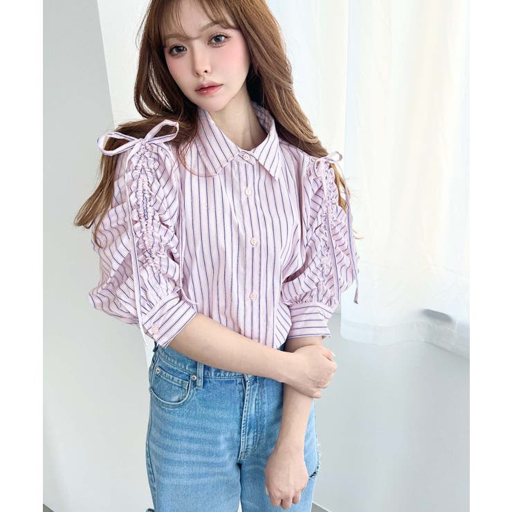 マルチストライプ袖シャーリングシャツブラウス | moment+ | 詳細画像16 