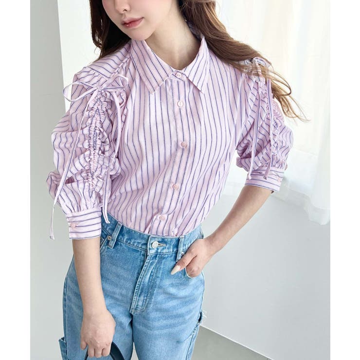 マルチストライプ袖シャーリングシャツブラウス | moment+ | 詳細画像18 