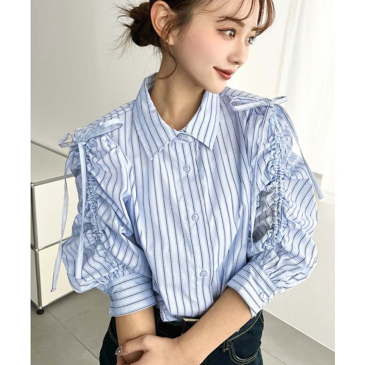 マルチストライプ袖シャーリングシャツブラウス | moment+ | 詳細画像3 