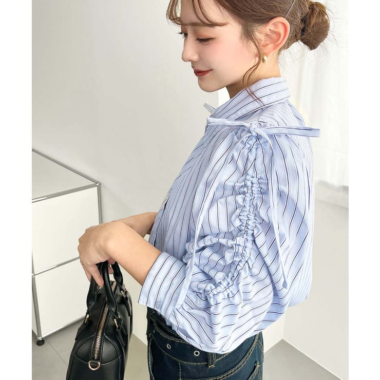 マルチストライプ袖シャーリングシャツブラウス | moment+ | 詳細画像4 