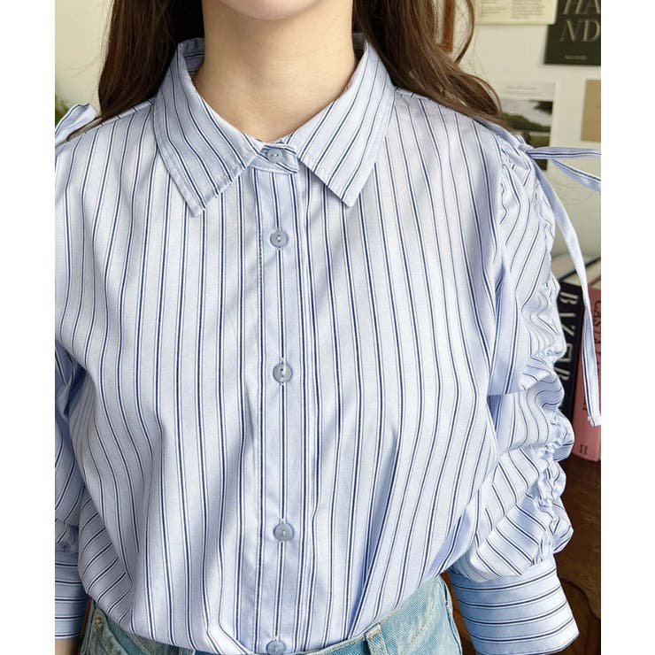 マルチストライプ袖シャーリングシャツブラウス | moment+ | 詳細画像8 