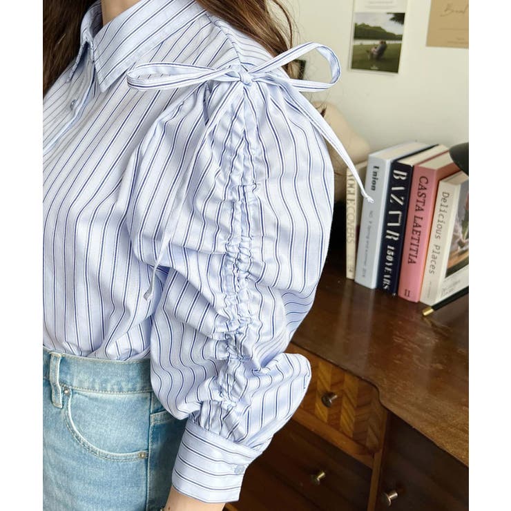 マルチストライプ袖シャーリングシャツブラウス | moment+ | 詳細画像9 