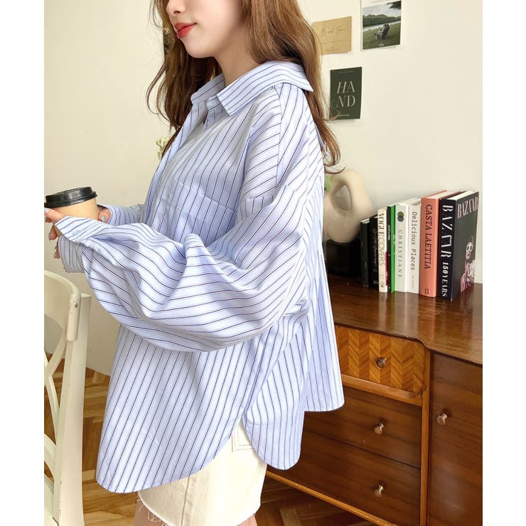 マルチストライプ後ろ編み上げ長袖シャツ | moment+ | 詳細画像11 