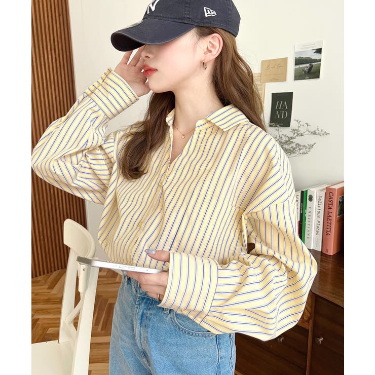 マルチストライプ後ろ編み上げ長袖シャツ | moment+ | 詳細画像17 