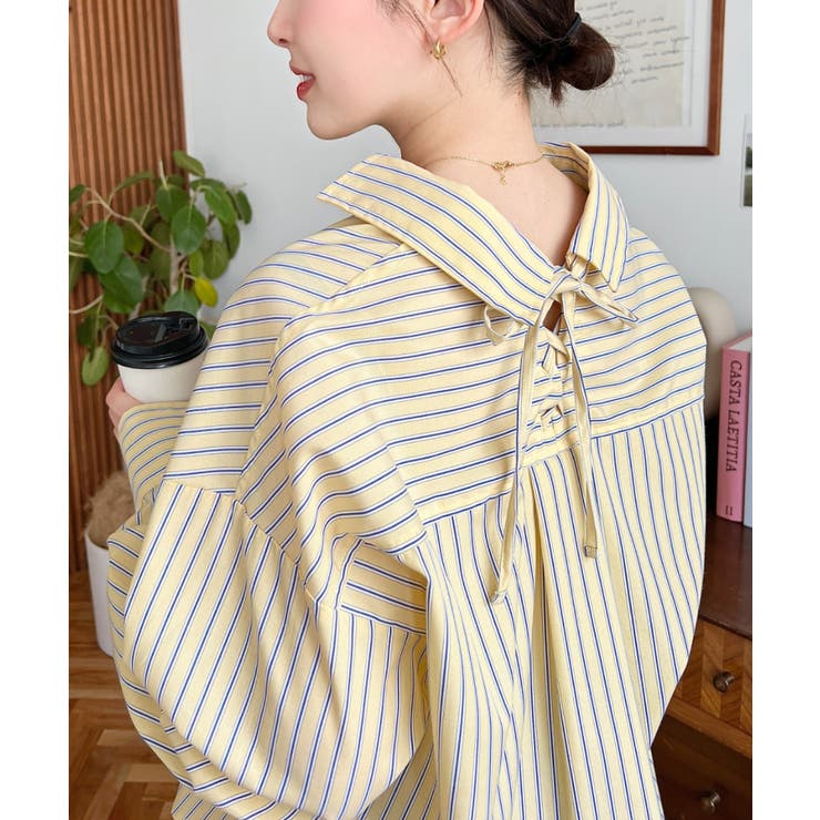 マルチストライプ後ろ編み上げ長袖シャツ | moment+ | 詳細画像18 