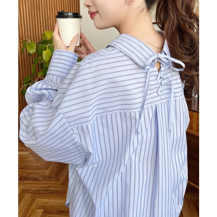 マルチストライプ後ろ編み上げ長袖シャツ | moment+ | 詳細画像2 