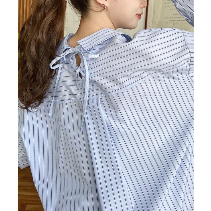 マルチストライプ後ろ編み上げ長袖シャツ[品番：ERMW0000054]｜moment+