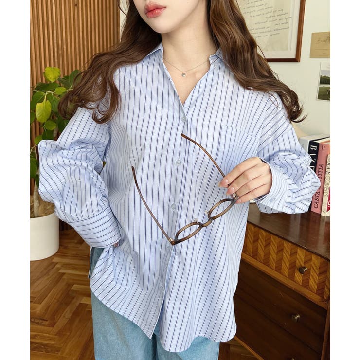 マルチストライプ後ろ編み上げ長袖シャツ | moment+ | 詳細画像4 