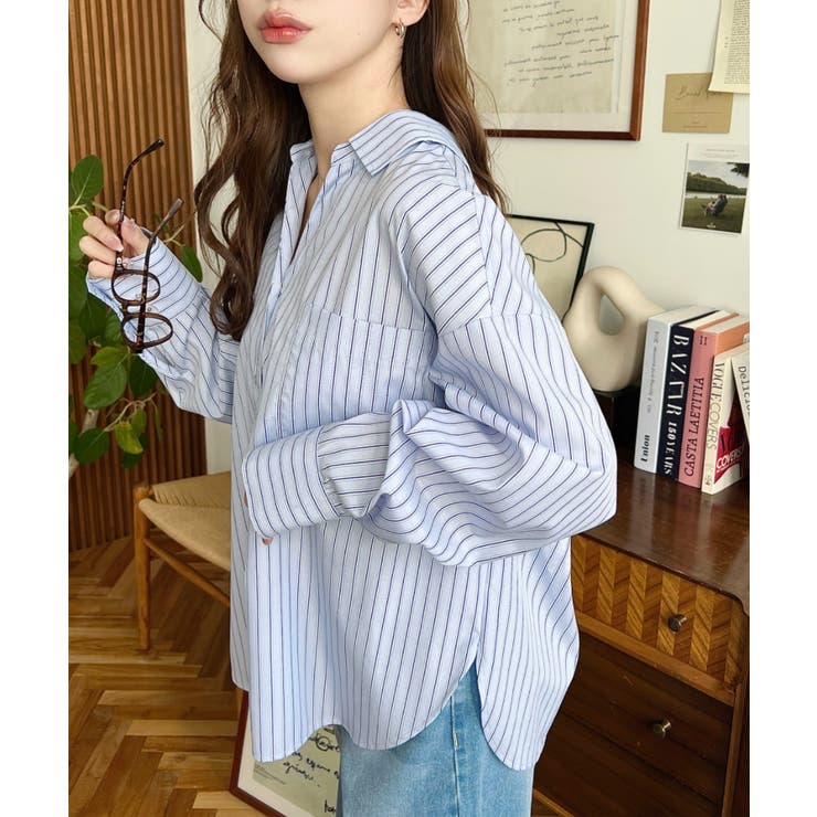 マルチストライプ後ろ編み上げ長袖シャツ | moment+ | 詳細画像5 