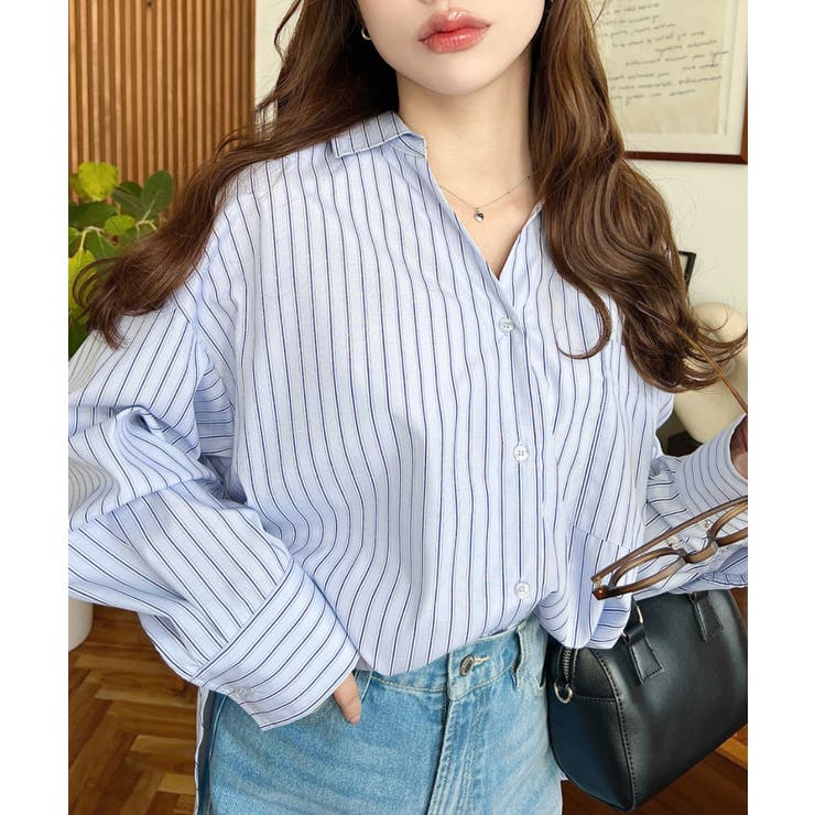 マルチストライプ後ろ編み上げ長袖シャツ | moment+ | 詳細画像6 