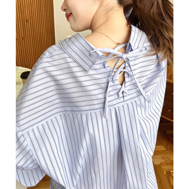 マルチストライプ後ろ編み上げ長袖シャツ | moment+ | 詳細画像8 