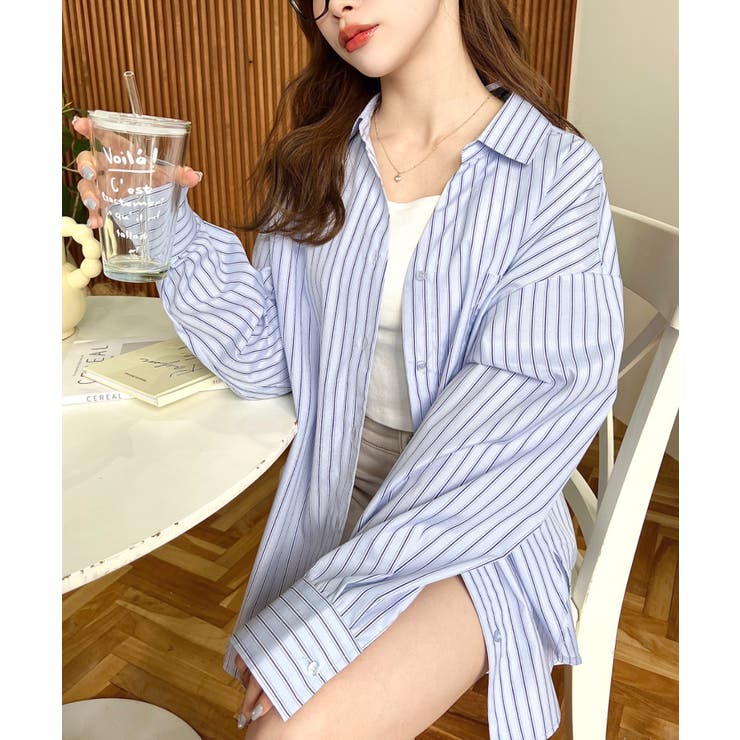 マルチストライプ後ろ編み上げ長袖シャツ[品番:ERMW0000054 マルチストライプ後ろ編み上げ長袖シャツ[品番:ERMW0000054