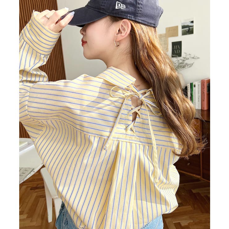 マルチストライプ後ろ編み上げ長袖シャツ[品番：ERMW0000054]｜moment+