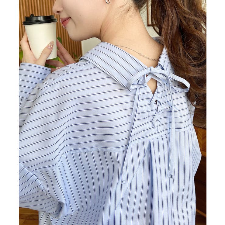 サックスブルー | マルチストライプ後ろ編み上げ長袖シャツ | moment+