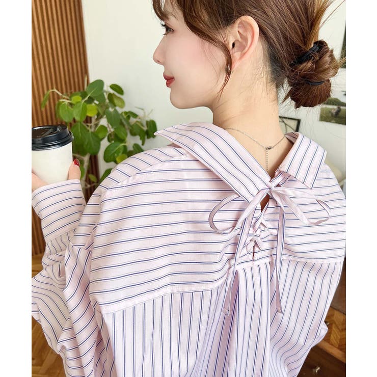 マルチストライプ後ろ編み上げ長袖シャツ[品番：ERMW0000054