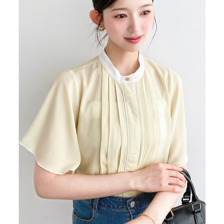 フロントタックバイカラーラッフルスリーブ半袖ブラウス シフォンジョーゼット | moment+ | 詳細画像14 
