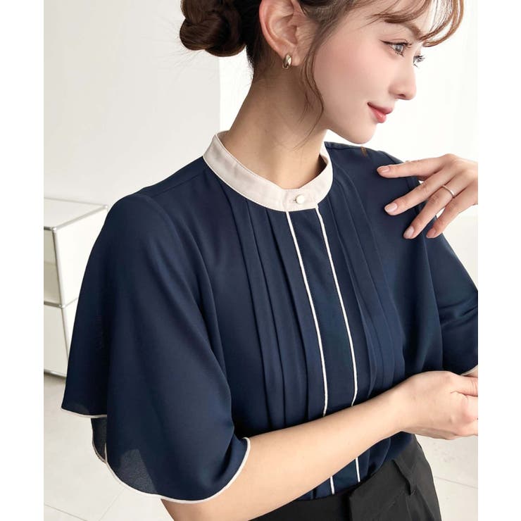 フロントタックバイカラーラッフルスリーブ半袖ブラウス シフォン
