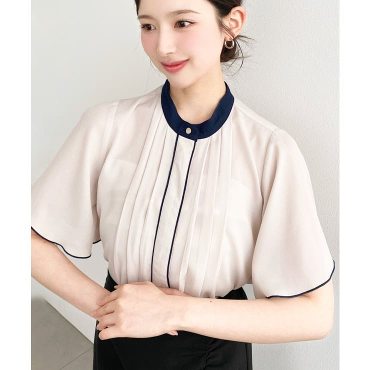 フロントタックバイカラーラッフルスリーブ半袖ブラウス シフォンジョーゼット | moment+ | 詳細画像9 